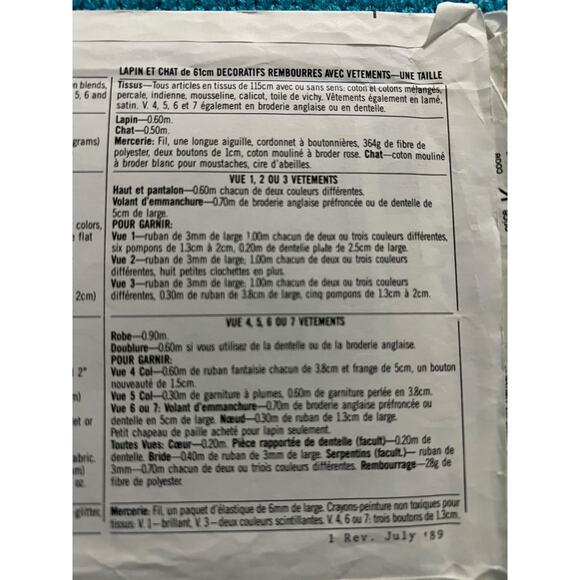 Simplicity 9336 Sewing pattern decorative stuffed bunny cat clothes - Picture 5 of 5